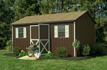 10′ x 16′ • Charcoal brown siding, almond trim, cedar architectural shingles, optional gable vents