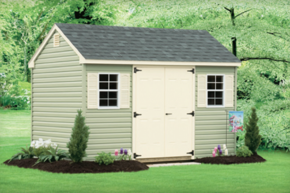 Standard Cape Cod 8′ x 16′ Sage vinyl siding, beige trim and shutters, black architectural shingles